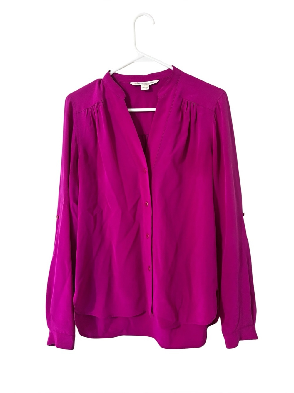 Diane Von Furstenberg Silk Harlow Fuchsia Roll Up Long Sleeve Blouse